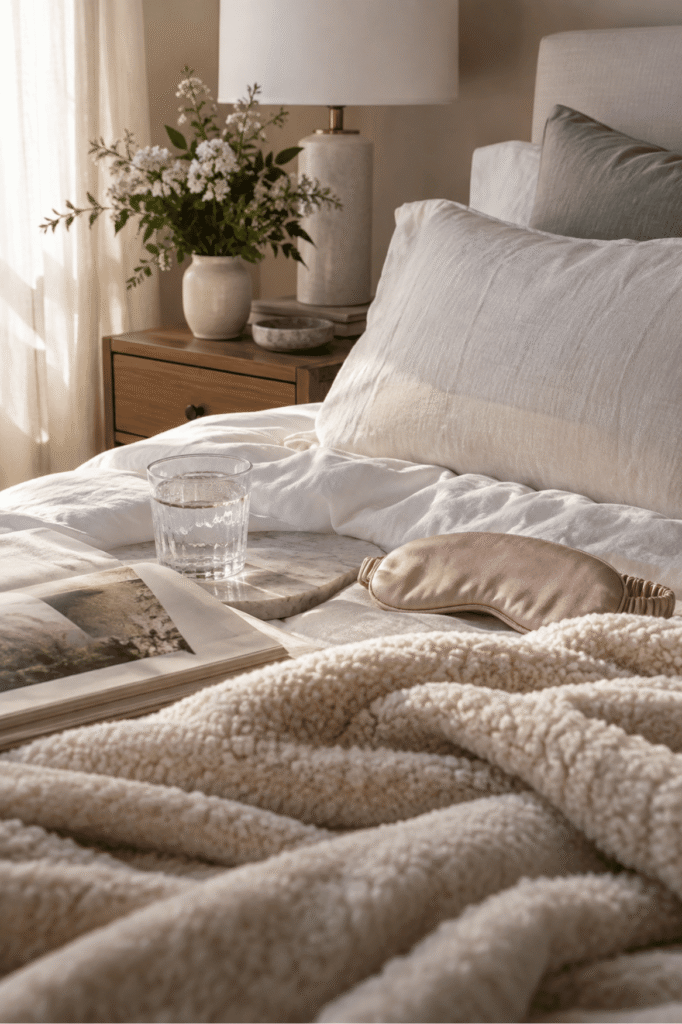 A peaceful bedroom with soft pillows, a cozy blanket, an open book, and water, illustrating a restful environment for early breast reduction recovery.