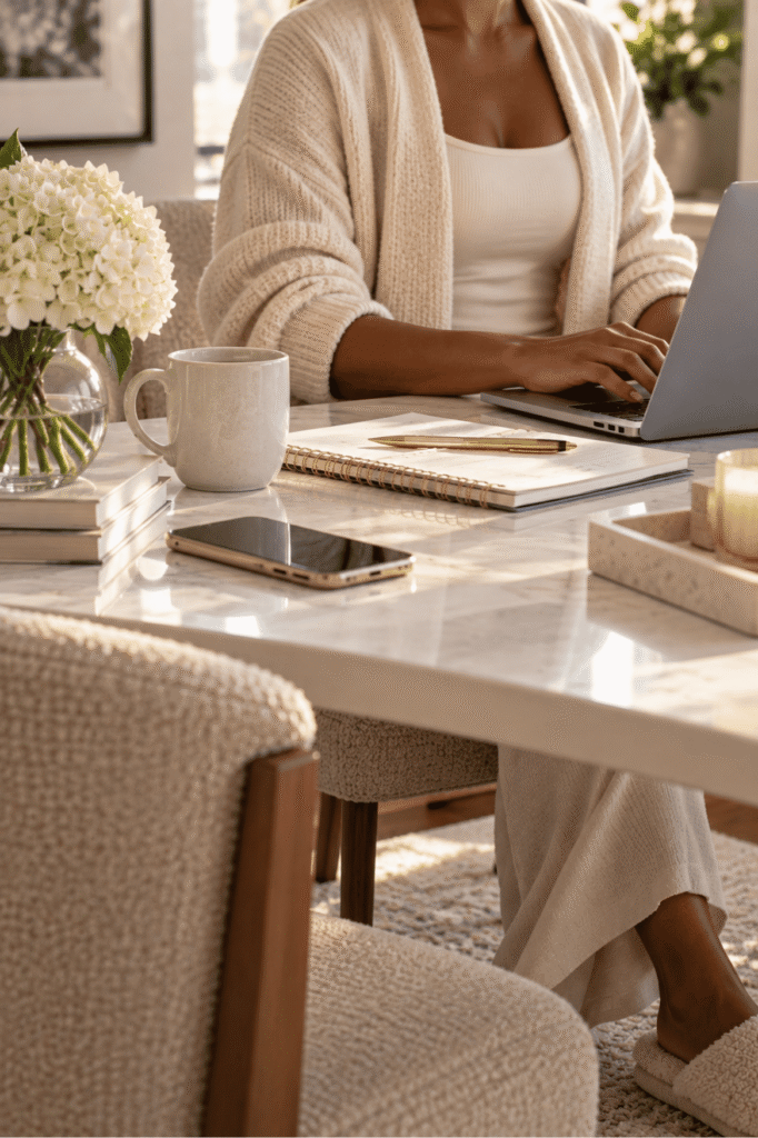 Woman working on a laptop at home, illustrating the return to desk-based work during breast reduction recovery.