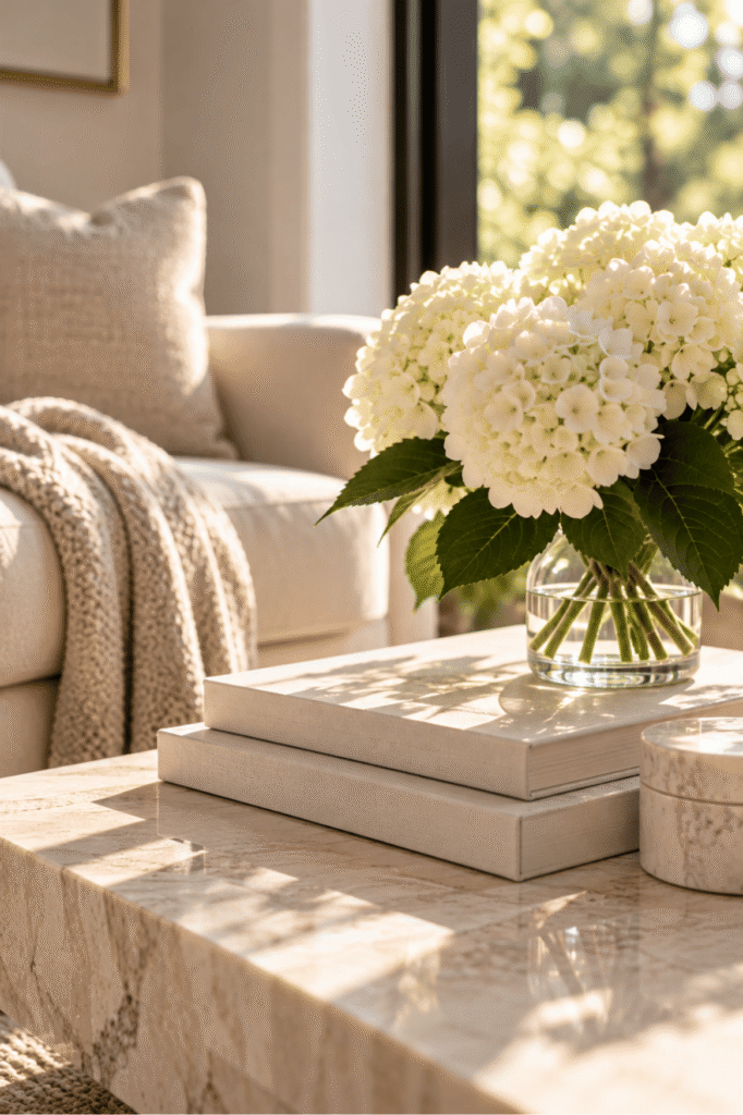 White hydrangeas arranged on stacked neutral-colored books in a sunlit living room, representing comfort and continued healing after breast reduction surgery.