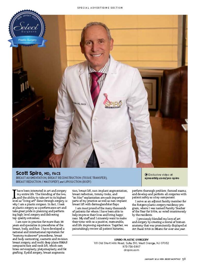Full-page 2025 New Jersey Monthly Select Surgeons callout featuring Dr. Scott Spiro