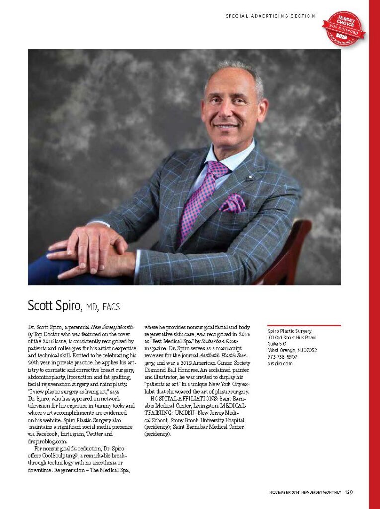Full-page 2016 New Jersey Monthly Top Doctor profile featuring Dr. Scott Spiro