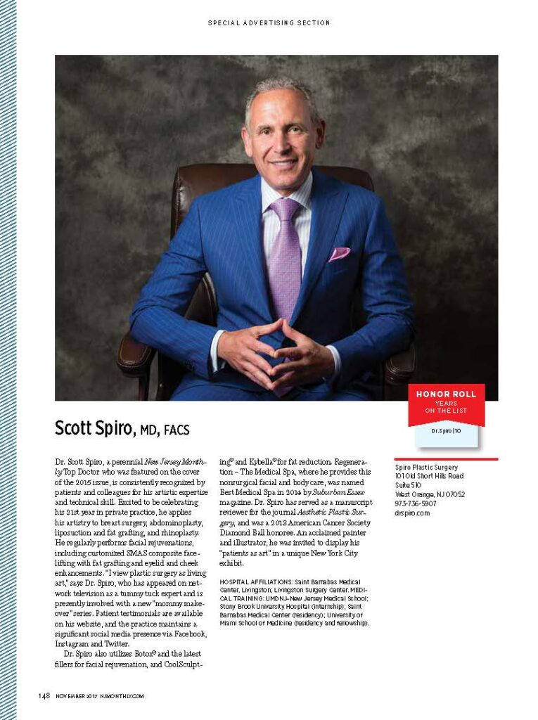 Full-page 2017 New Jersey Monthly Top Doctor profile featuring Dr. Scott Spiro