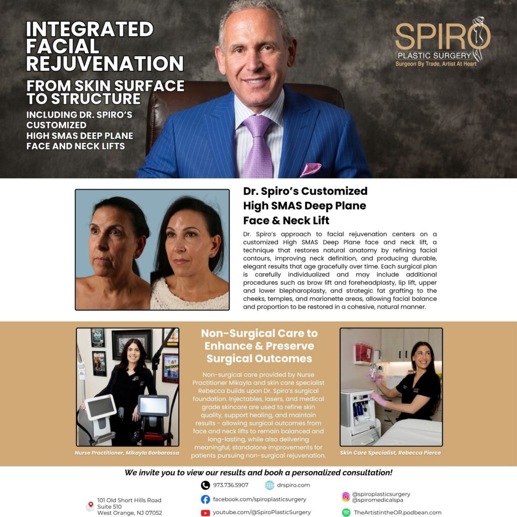 Integrated facial rejuvenation magazine back cover featuring Dr. Scott Spiro, facelift results, and Spiro Medical Spa skin treatments