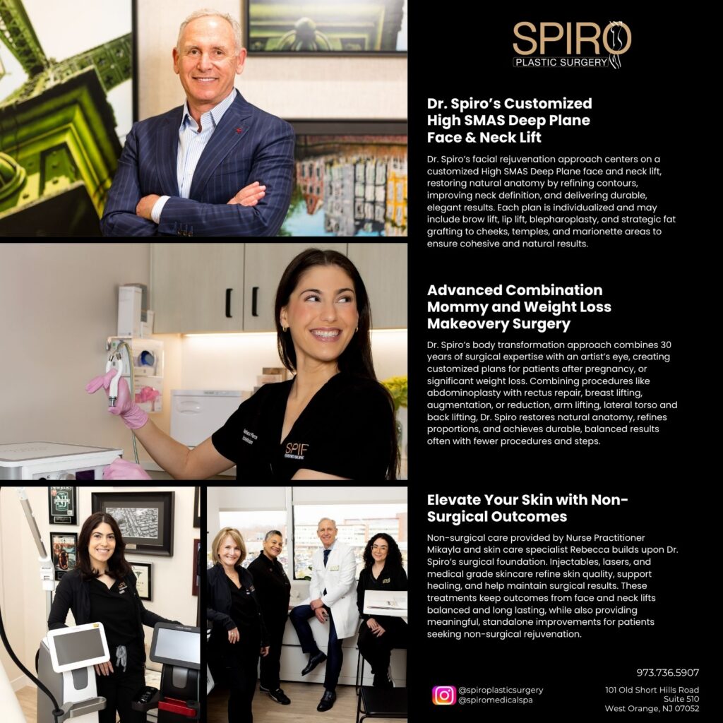 Spiro Plastic Surgery magazine back cover featuring Dr. Scott Spiro, the medical spa team, and surgical and nonsurgical aesthetic services