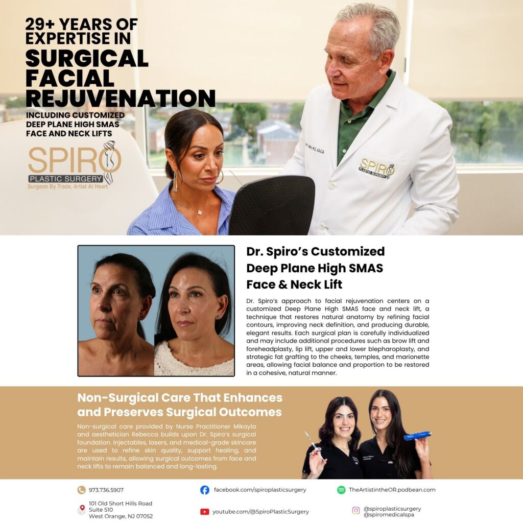 Facial rejuvenation magazine back cover featuring Dr. Scott Spiro, facelift results, and the Spiro Medical Spa team