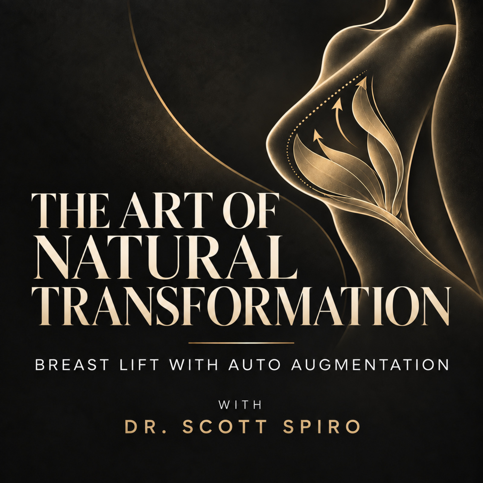 Black and gold podcast cover illustrating breast tissue repositioning for Dr. Scott Spiro’s non-implant auto-augmentation breast lift