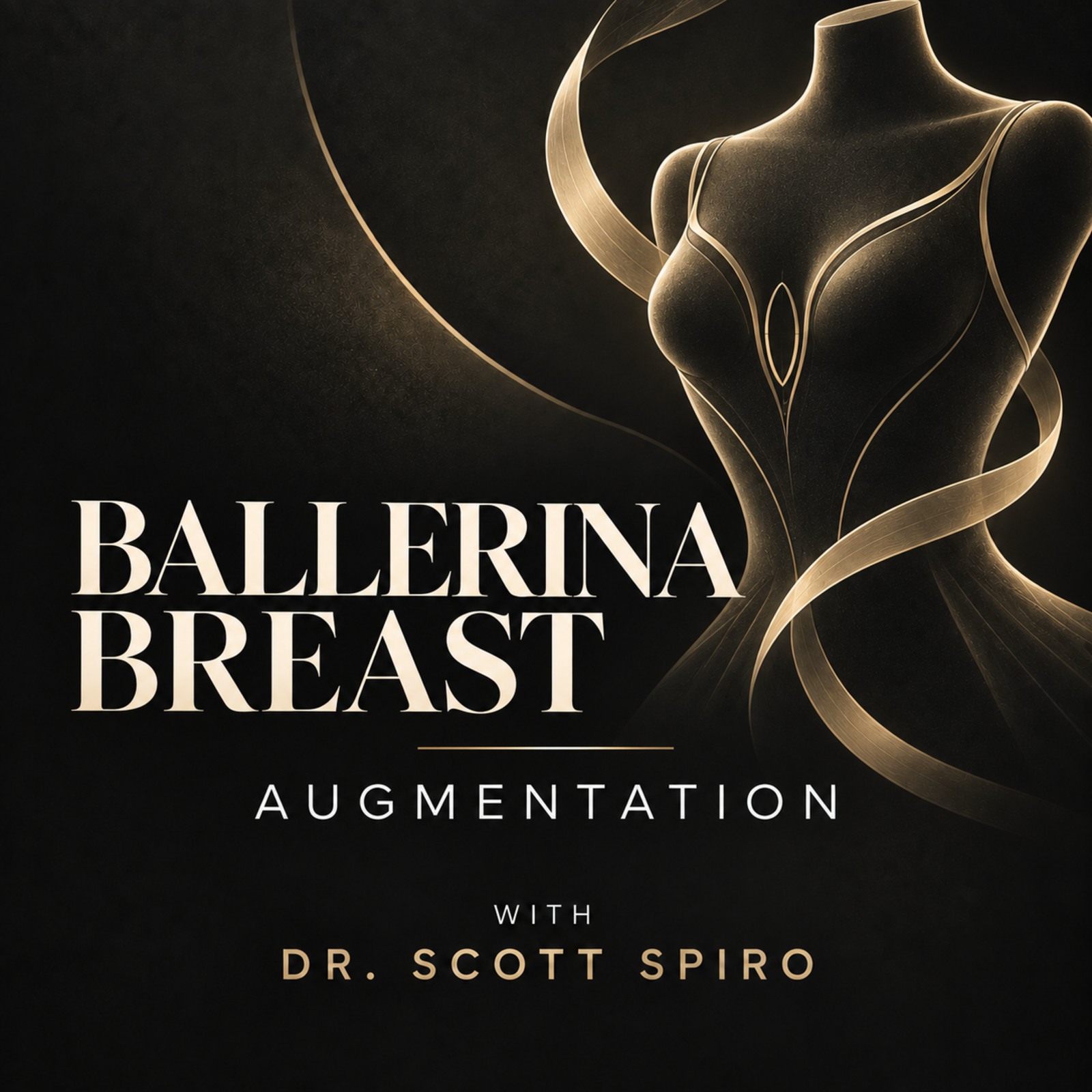 Black and gold podcast cover with graceful breast contour linework for Dr. Scott Spiro’s Ballerina Breast Augmentation interview