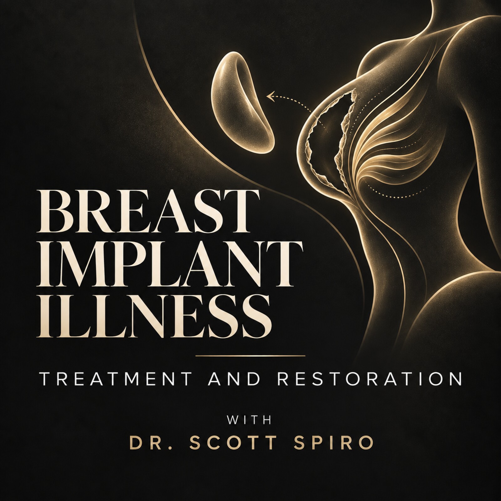 Black and gold podcast cover illustrating breast implant removal and natural breast restoration for Dr. Scott Spiro’s breast implant illness interview