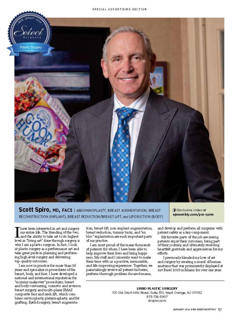 Full-page 2023 New Jersey Monthly Select Surgeons callout featuring Dr. Scott Spiro