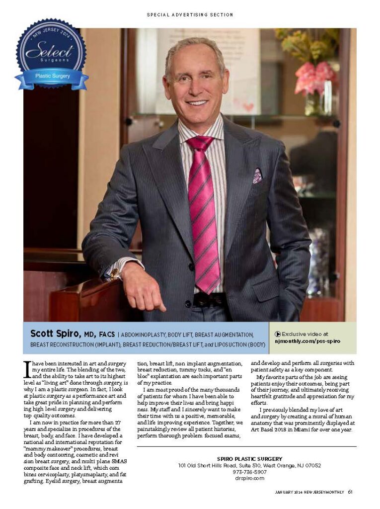 Full-page 2024 New Jersey Monthly Select Surgeons callout featuring Dr. Scott Spiro